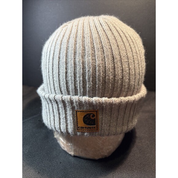 Carhartt Light Gray Knit Cuffed Beanie w/ Brown Leather Logo A18 Great Condition - Picture 1 of 8